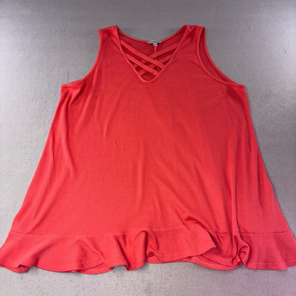 339 White Birch Tank Top XL Coral Waffle Knit Crisscross Ruffle Hem Sleeveless